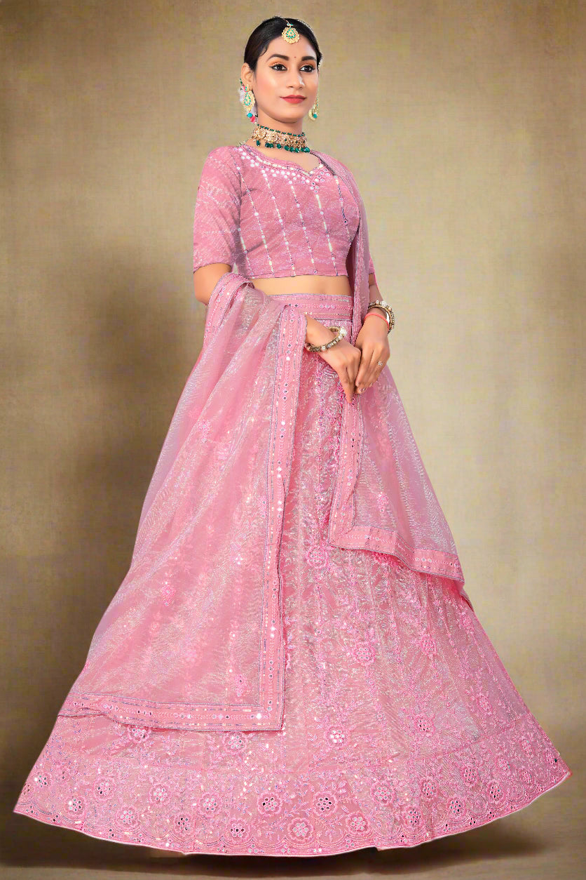 Rosé Radiance Embroidered Net Lehenga Choli Set