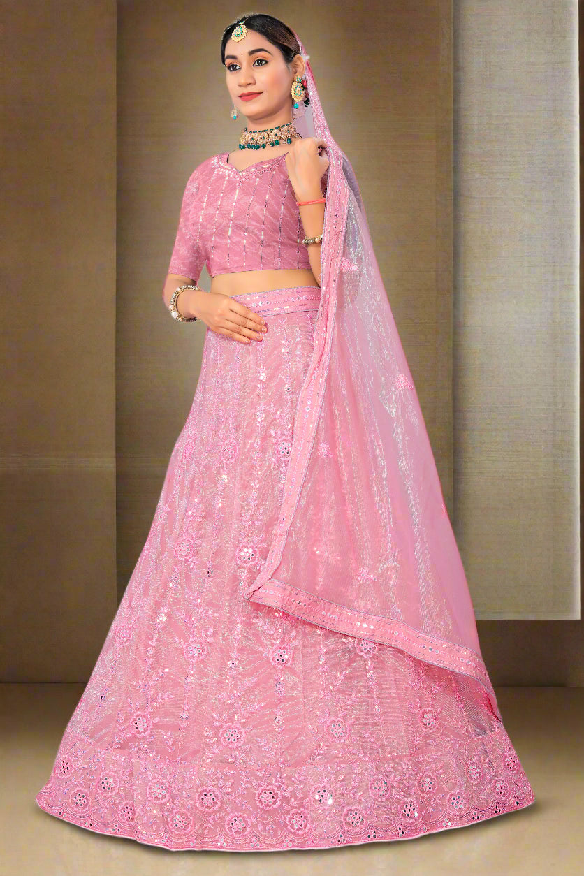 Rosé Radiance Embroidered Net Lehenga Choli Set