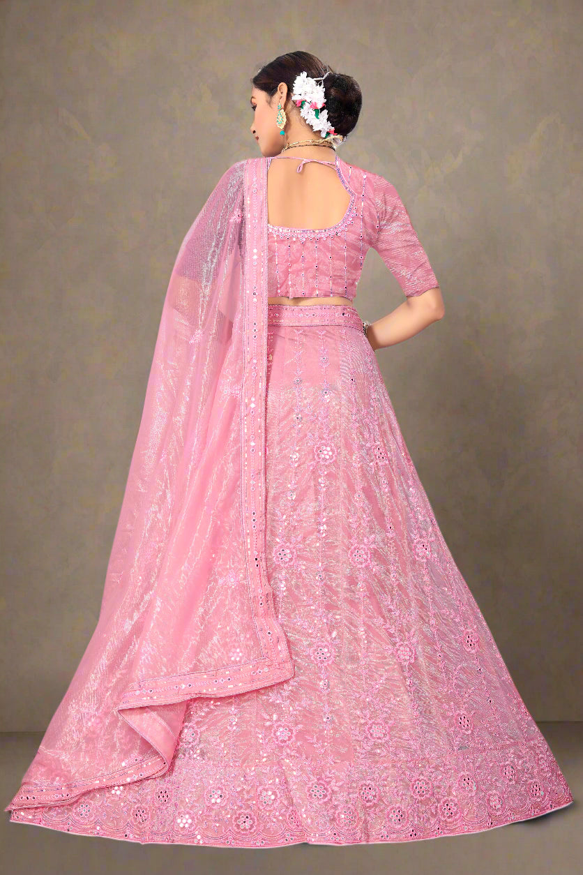 Rosé Radiance Embroidered Net Lehenga Choli Set