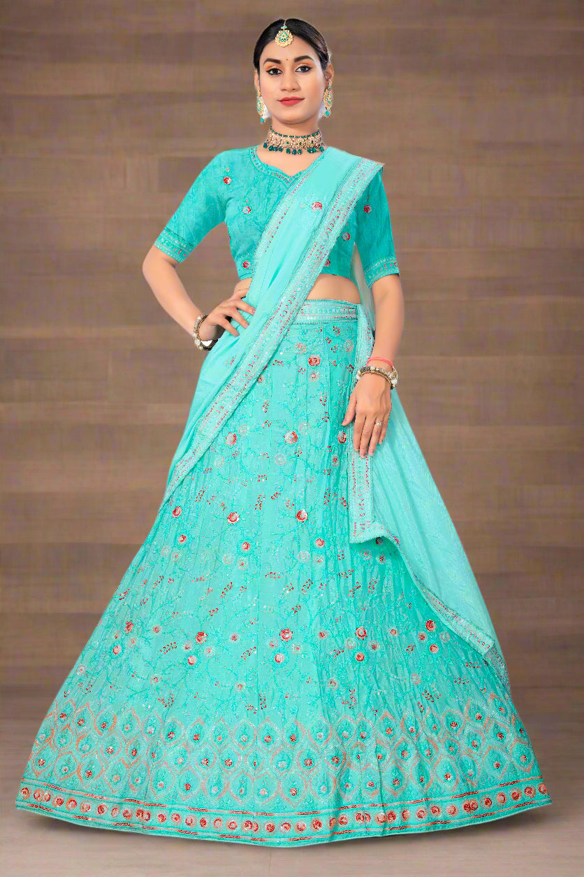 Turquoise Blue Embroidered Silk Lehenga Choli with Dupatta