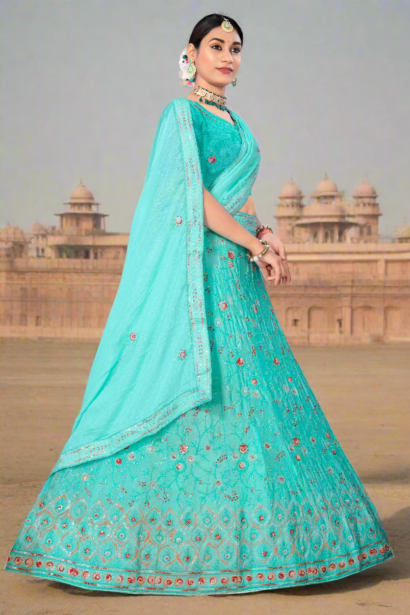 Turquoise Blue Embroidered Silk Lehenga Choli with Dupatta