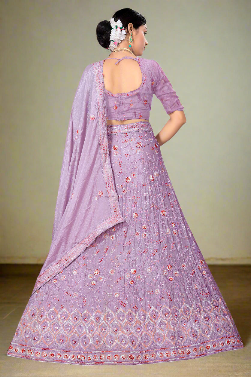 Royal Lavender Embroidered Lehenga Choli with Mirror Work & Net Dupatta