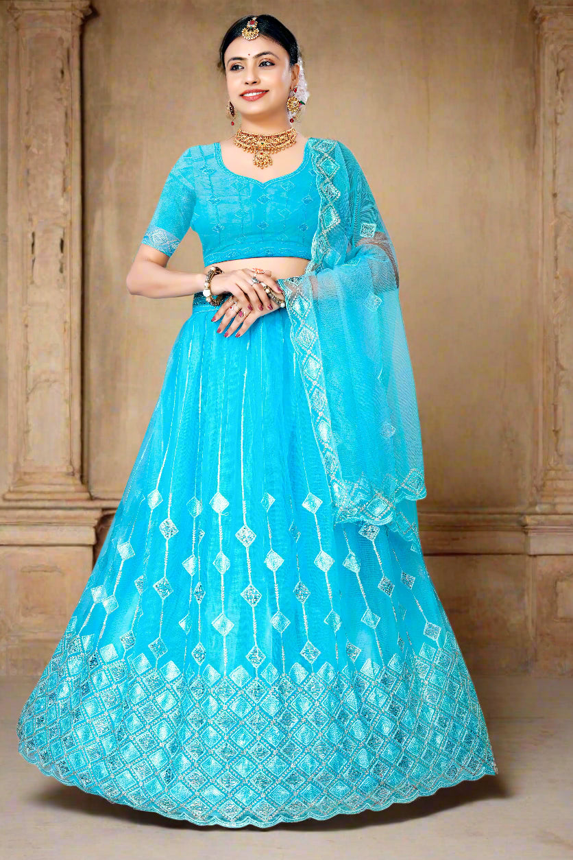 Radiant Turquoise Blue Net Lehenga Choli with Intricate Thread & Sequin Work