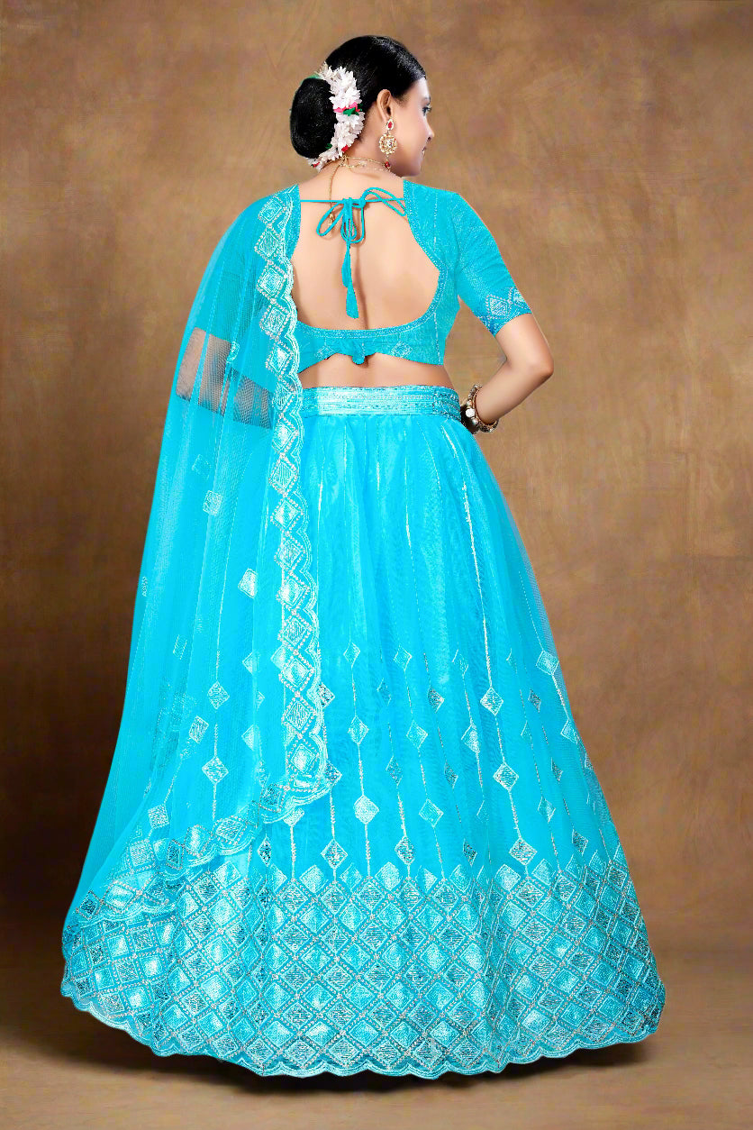 Radiant Turquoise Blue Net Lehenga Choli with Intricate Thread & Sequin Work