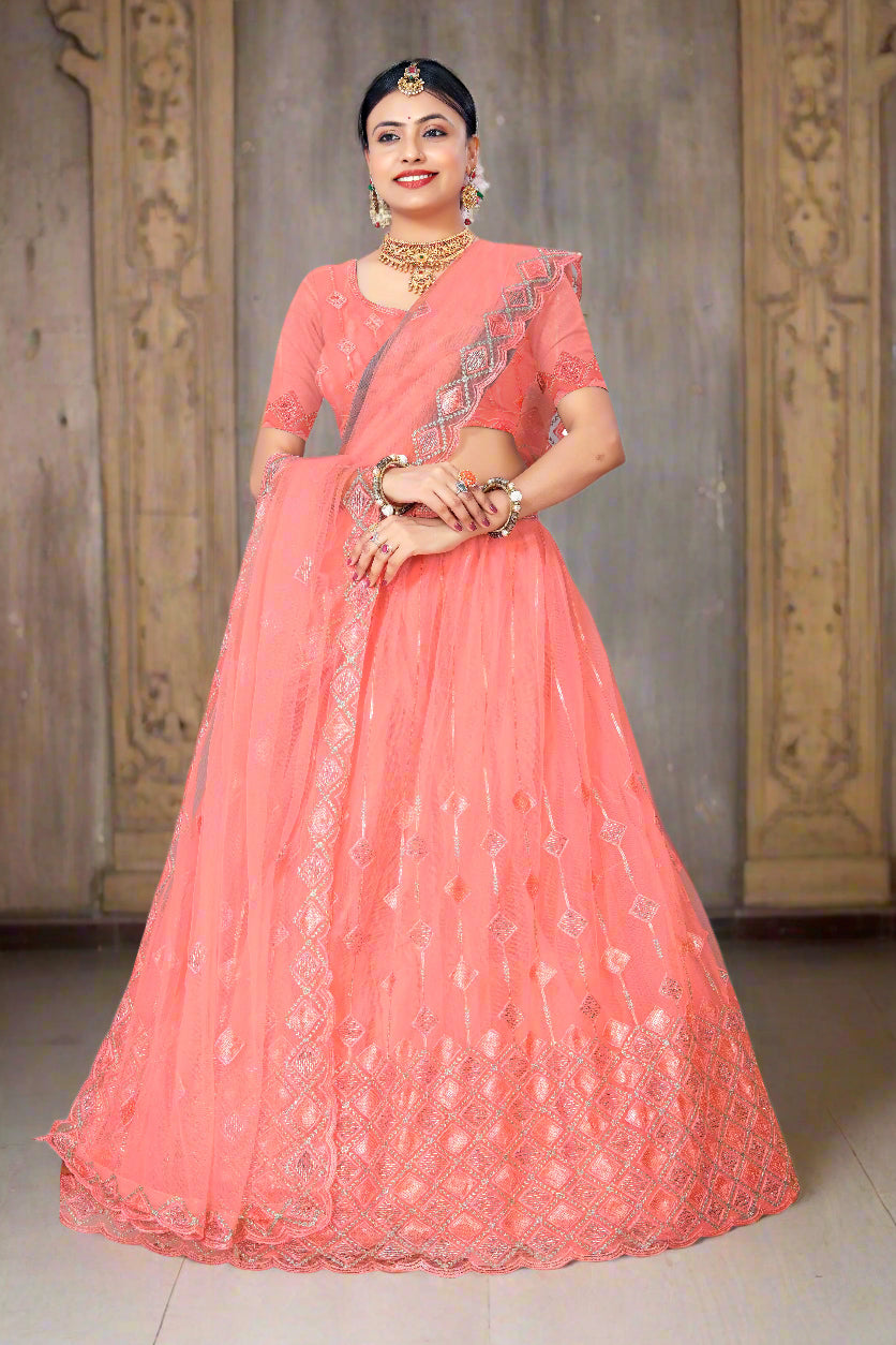 Blush Coral Pink Net Lehenga Choli with Diamond Embroidery & Sequin Detailing