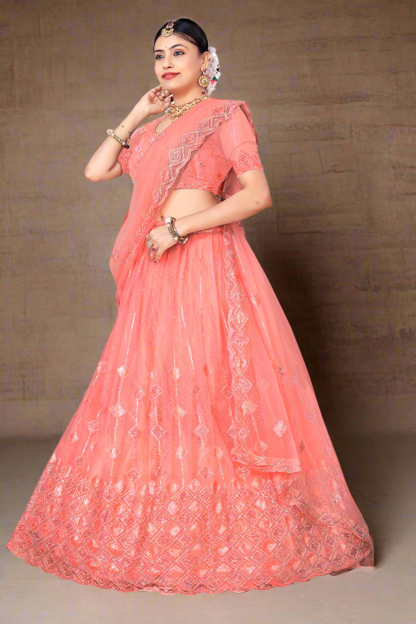 Blush Coral Pink Net Lehenga Choli with Diamond Embroidery & Sequin Detailing