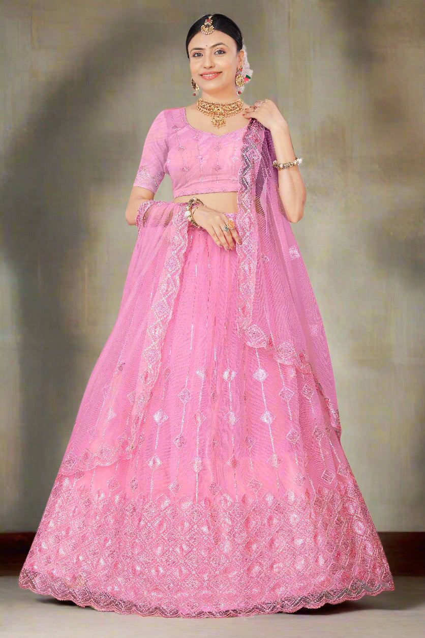 Radiant Rose Pink Net Lehenga Choli with Embroidered Diamond Motifs