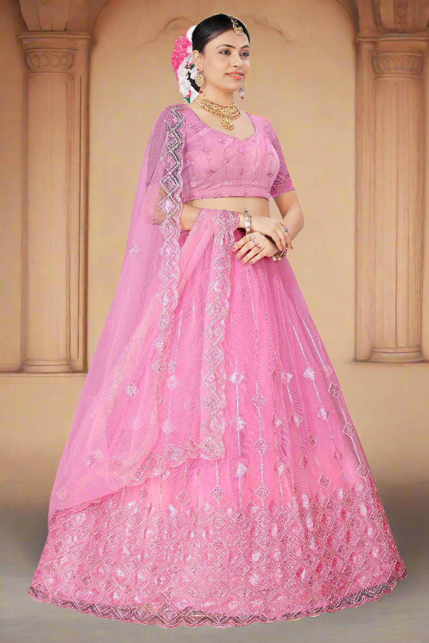 Radiant Rose Pink Net Lehenga Choli with Embroidered Diamond Motifs