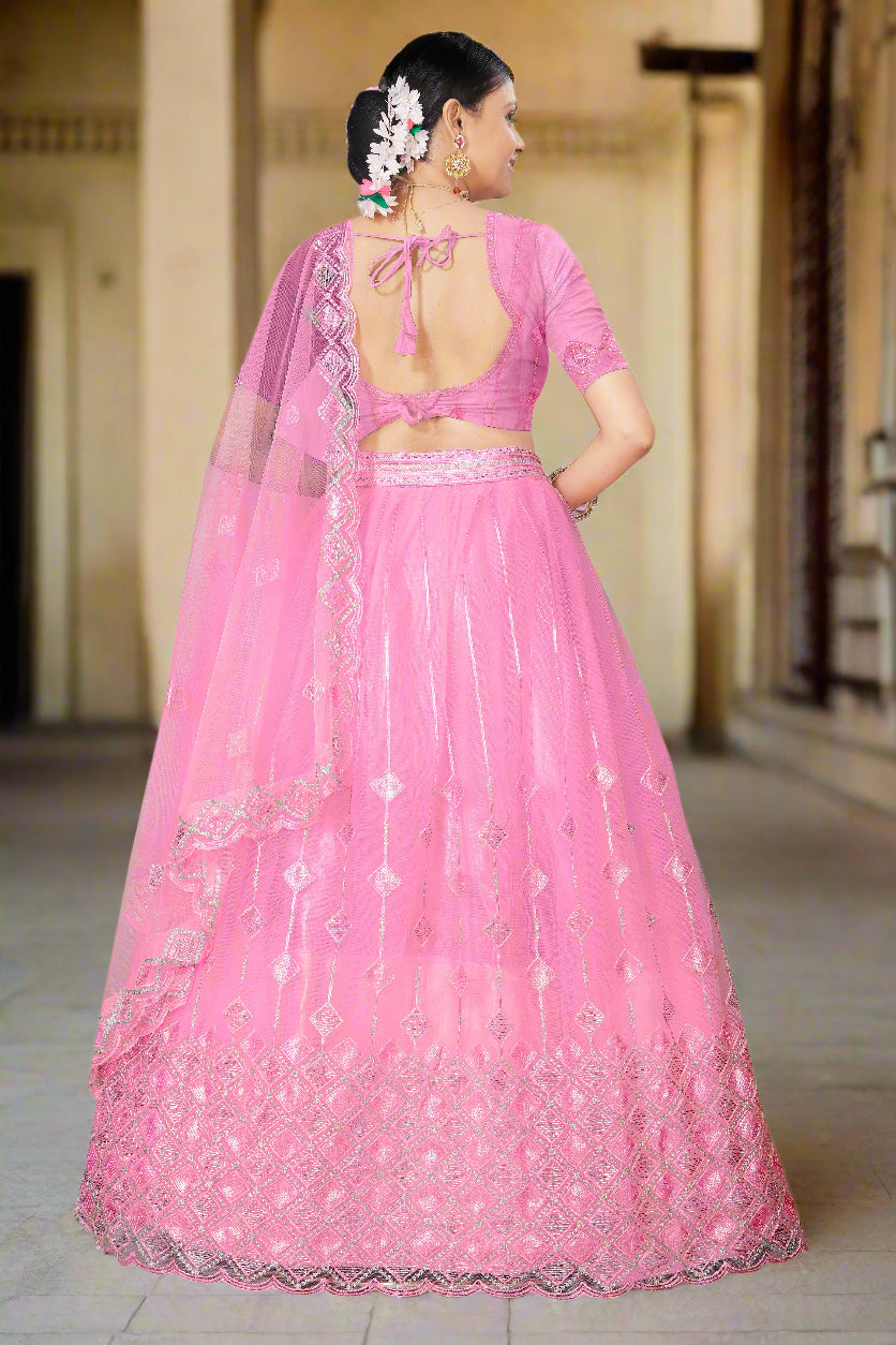 Radiant Rose Pink Net Lehenga Choli with Embroidered Diamond Motifs