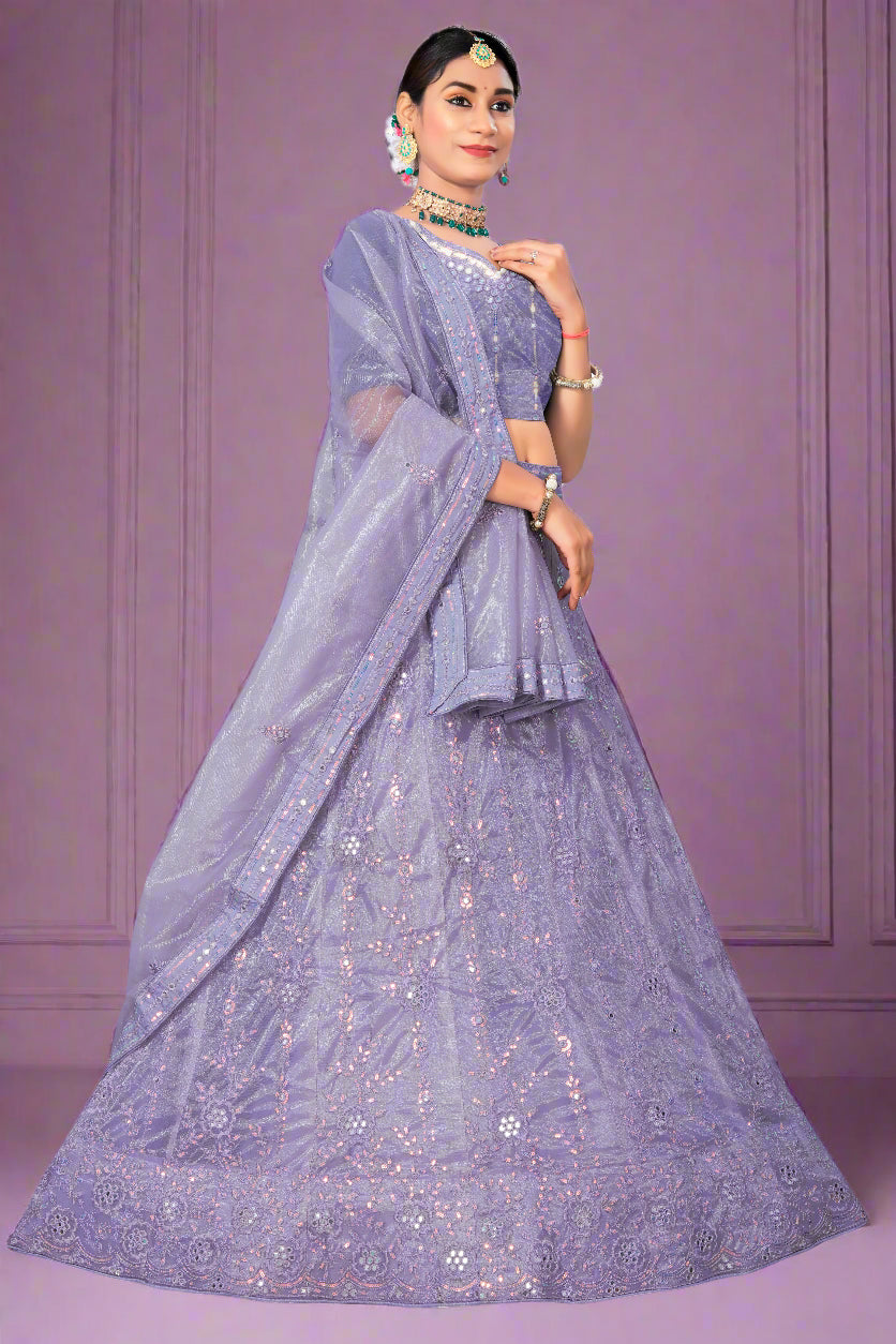 Lavender Dream Net Lehenga Choli with Floral Sequin Embroidery
