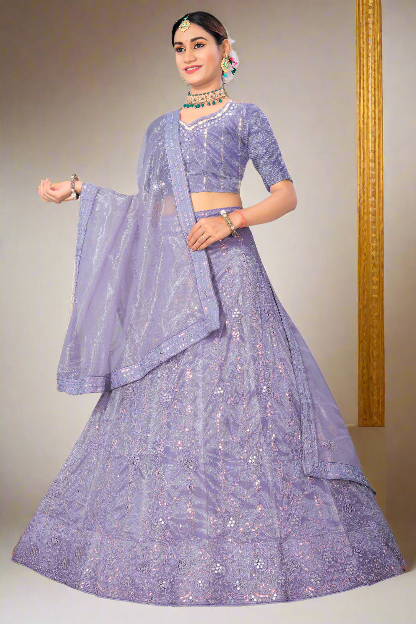 Lavender Dream Net Lehenga Choli with Floral Sequin Embroidery