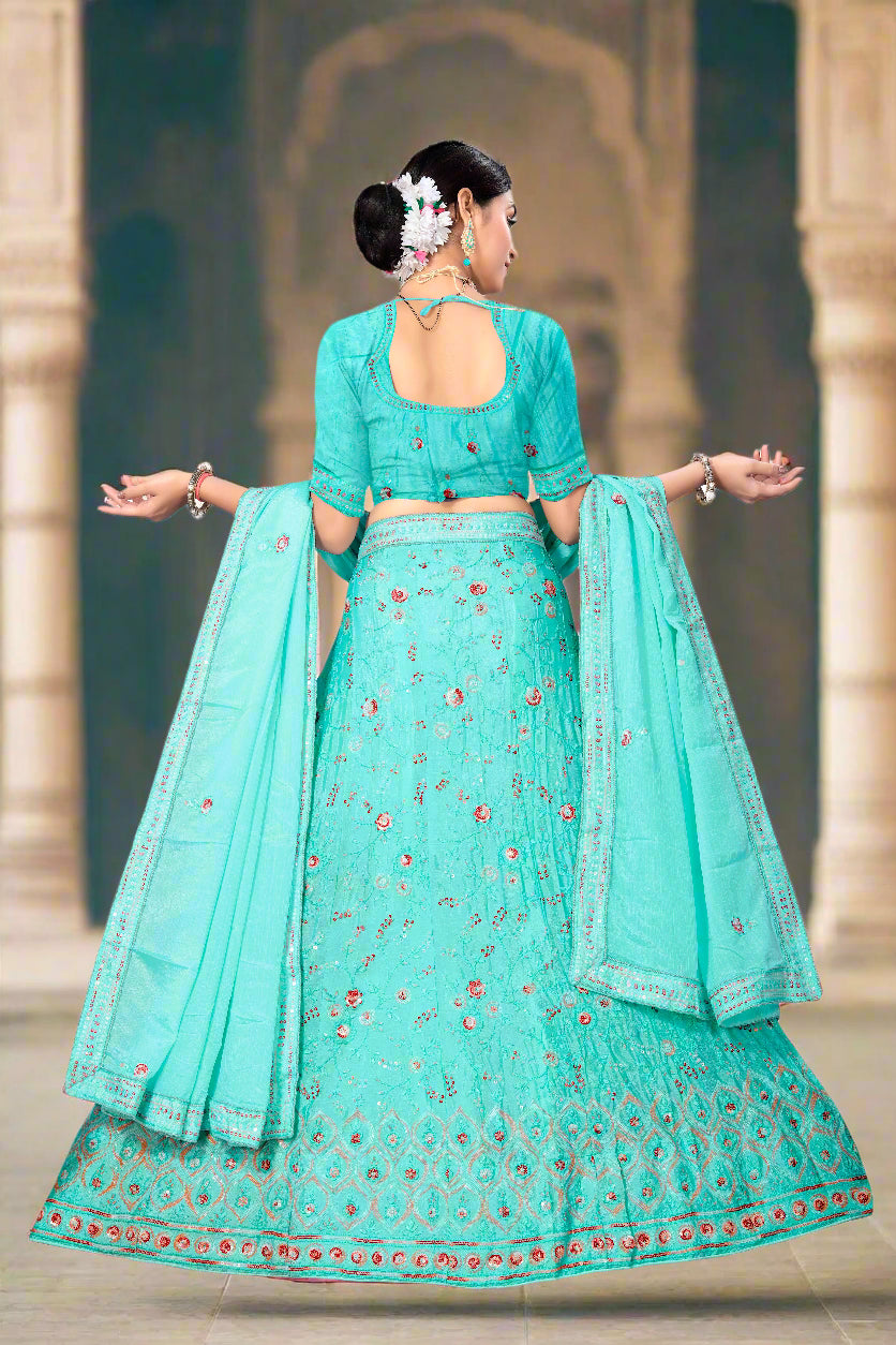 Turquoise Blue Embroidered Silk Lehenga Choli with Dupatta