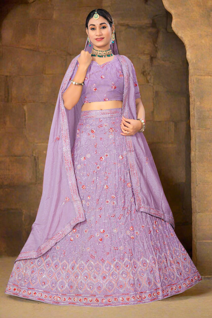 Royal Lavender Embroidered Lehenga Choli with Mirror Work & Net Dupatta
