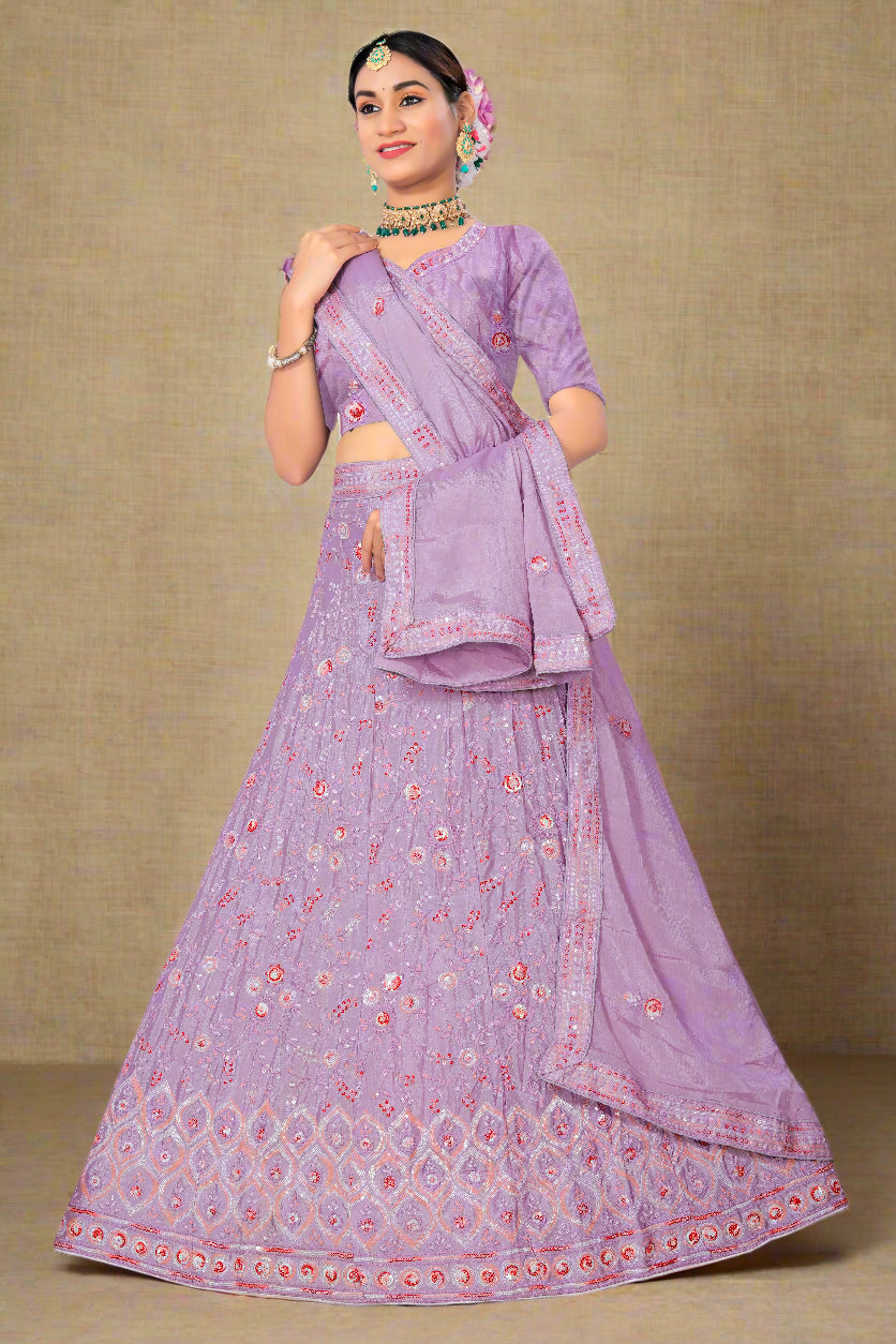 Royal Lavender Embroidered Lehenga Choli with Mirror Work & Net Dupatta
